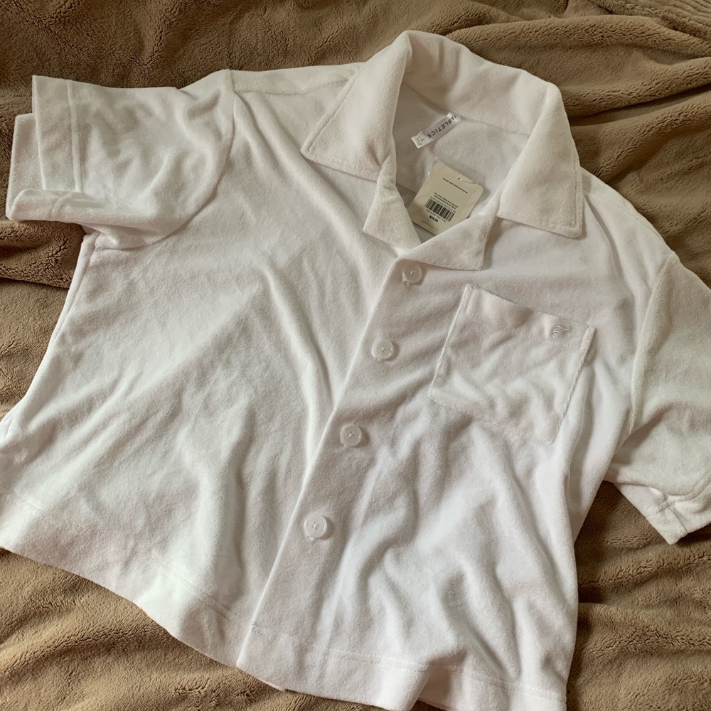 Fabletics White Terry Button Down Shirt Lightweight Classic Design